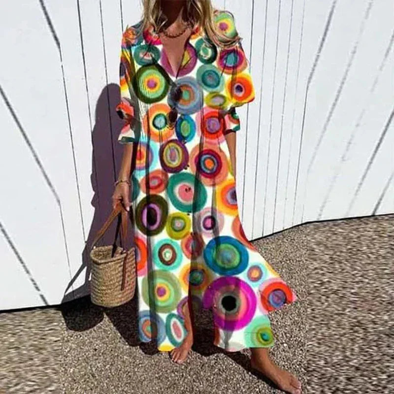 Women's Elegant Plus Size Pleated Short Sleeve V Neck Long Dresses Sweet Style High Waist Printed Dress Female Casual Loose Gown