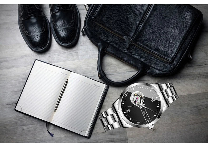 SKROX Original Luxury Brand Waterproof Tourbillon Automatic Clock Steel Skeleton Mechanical Man Watch Business Male Wristwatches