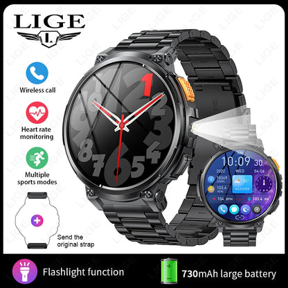 LIGE 1.85-inch AMOLED Smart Watch Men with LED Flashlight IP68 Waterproof Smartwatch 730mAh Bluetooth Call Smartwatches For Men