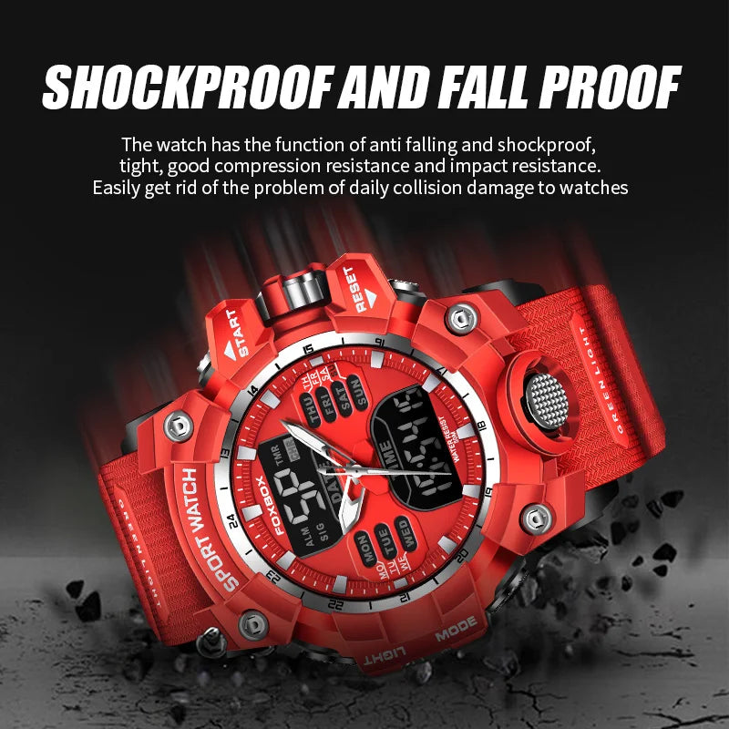 FOXBOX Top Brand Sports Military Quartz Men Watch Waterproof Dual Display Digital Fashion Big Watch For Men LED Man Wristwatch