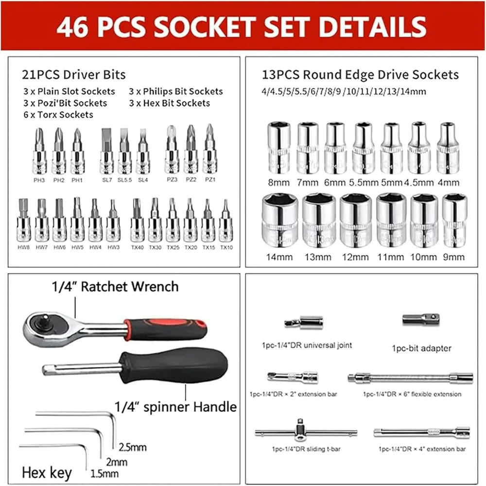 46pcs Socket Set Auto Repair Multi-functional 1/4 Inch Drive Socket Ratchet Wrench Set Round Edge Drive Socket Motorcycle Repair