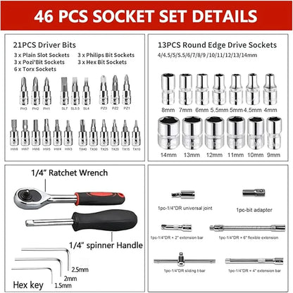 46pcs Socket Set Auto Repair Multi-functional 1/4 Inch Drive Socket Ratchet Wrench Set Round Edge Drive Socket Motorcycle Repair
