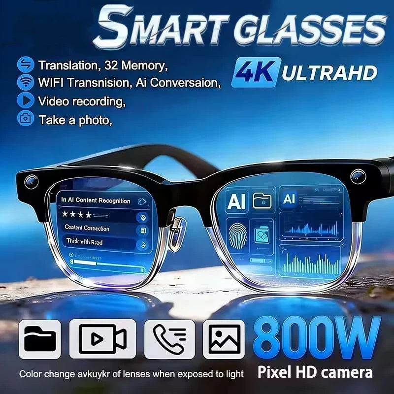New AI Smart Glasses, 800W Camera Video Recording, AI Photo Recognition, Bluetooth Call & Voice Translation Eyewear