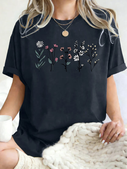 All Kinds Of Beautiful Flowers Printed T-Shirt Women Cotton Loose T Shirts All-Match Summer Clothing Comfortable Y2K Streetwear