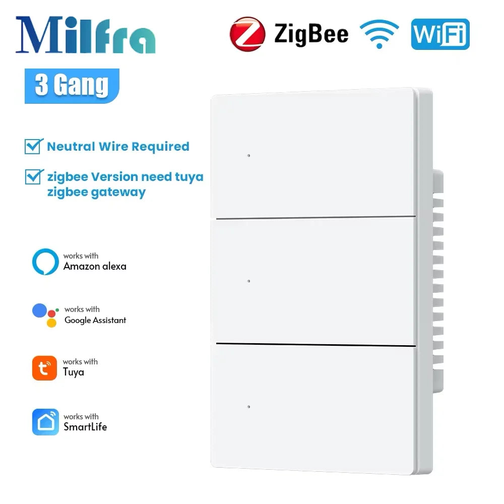 Milfra Smart Switch Zigbee WIFI Light Switch 1/2/3/4/6 Gang Voice Control Work With Alexa Google Home Tuya Control With Neutral
