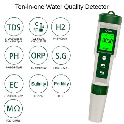 10 in 1 Water Quality Monitor PH/EC/TDS/ORP/H2/Fertile/Salinity/S.G/Resistivity/Temp Multifunction Tester for Aquariums Pools