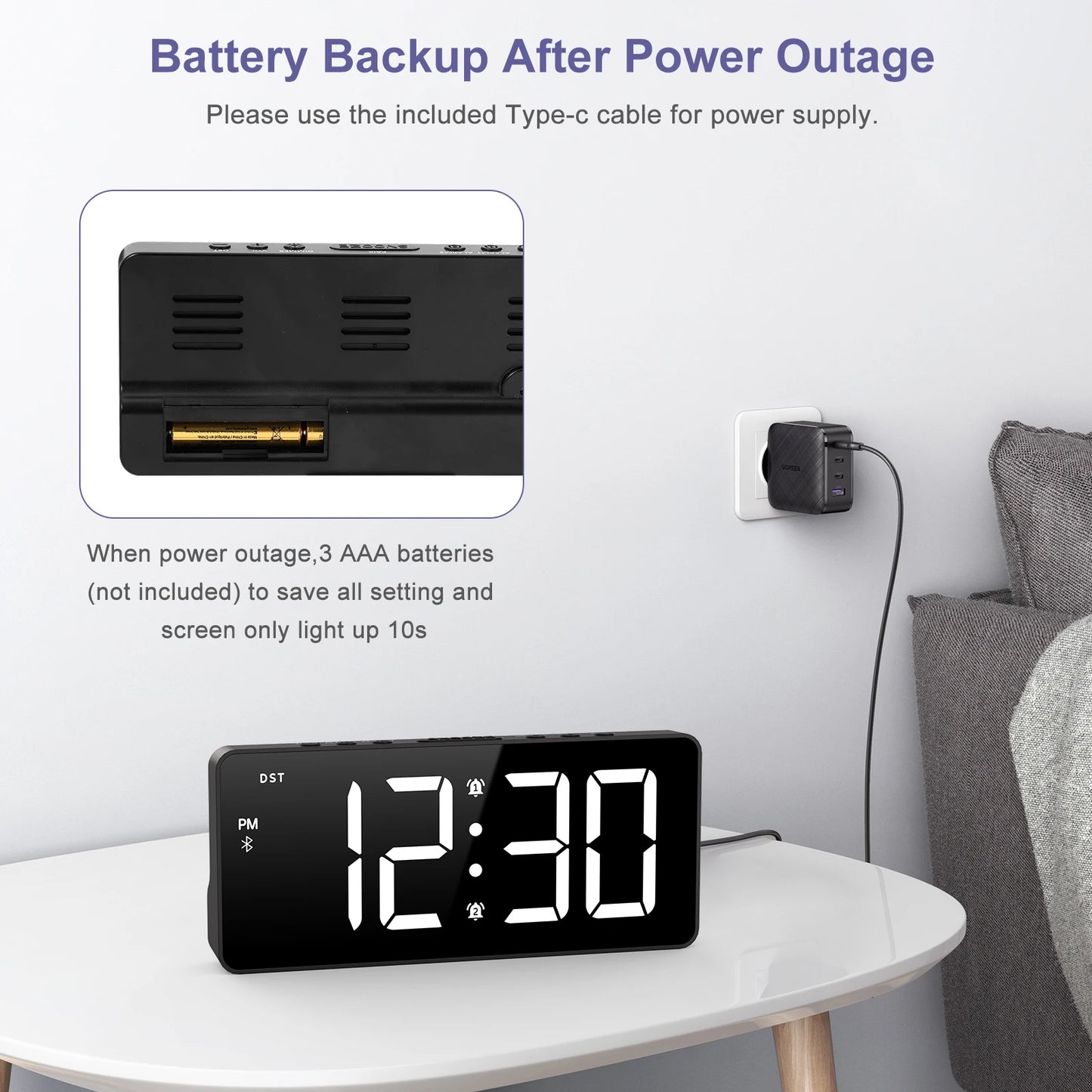 ORIA 7'' LED Alarm Clock with Bluetooth Sync Time Digital Alarm Clock with Dual Alarm & 5 Brightness Levels for Home Office Use
