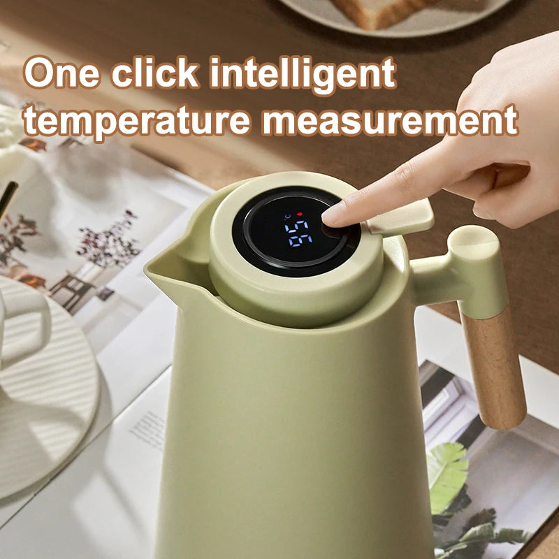 1Pc 1000ML Thermos Bottle Nordic Thermos For Hot Water Intelligent Water Heater Kettle Jug Bottle Vacuum Flask Wooden Handle