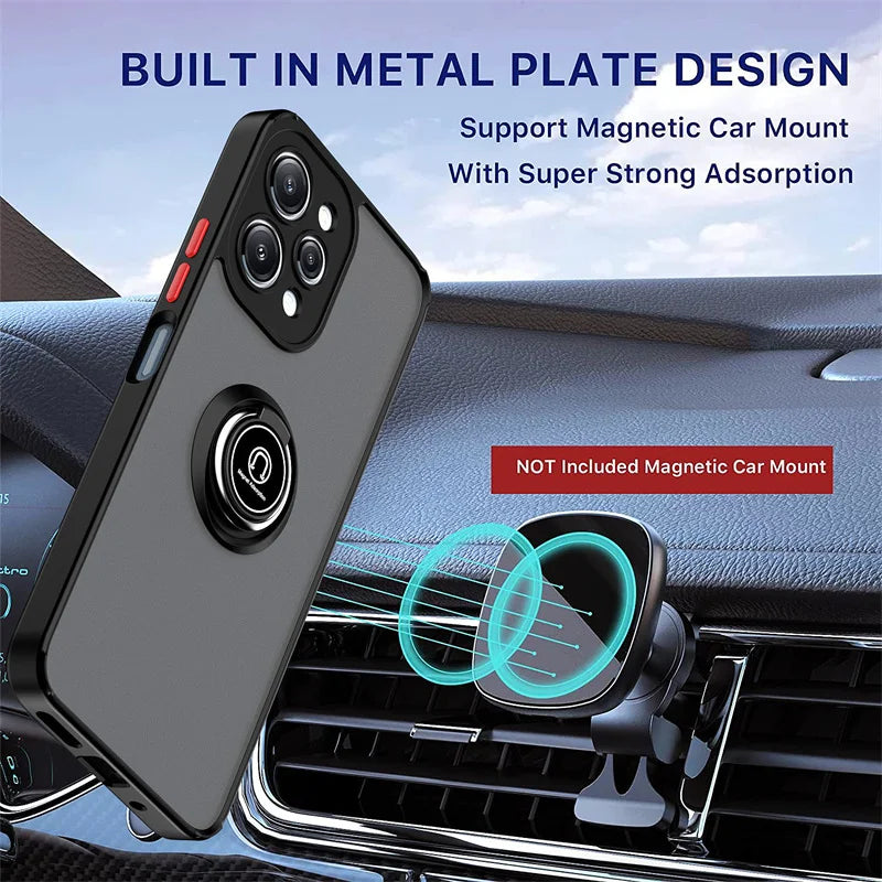 Matte Armor Hard PC Case For Xiaomi Redmi 12 4G 5G Car Magnetic Holder Ring Kickstand Phone Cover for Redmi12 Shockproof Funda