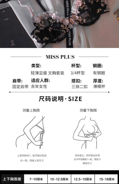 French Embroidered Lace Sheer Bra Set Women, Thin No Sponge Cups, Anti-Slip Support, Large Breasts Small Soft Comfort Wear S-xl