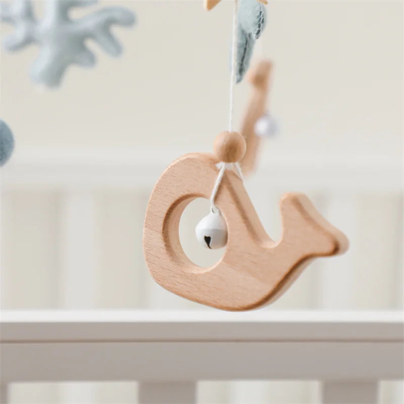 Baby Soft Felt Cartoon Wool Ball Seashell Rattles Hanging Bed Bell Newborn Mobile Crib Wooden Bracket Montessori Education Toys