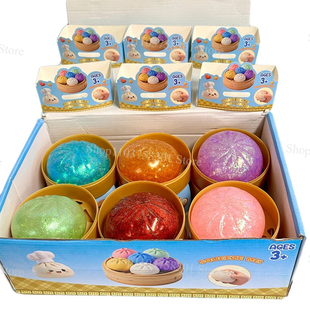 Colorful Dumpling Squishes Stress Balls Fidget Sensory Toys Simulation Food Squishies Bun with Steamer Squeeze Dough Ball Gifts