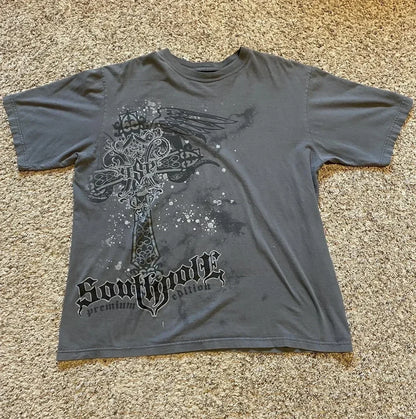 imited Stock Men's Harvester Skull T-Shirt Gothic Wings Cross Print  Vintage Streetwear Soft Breathable FabricL