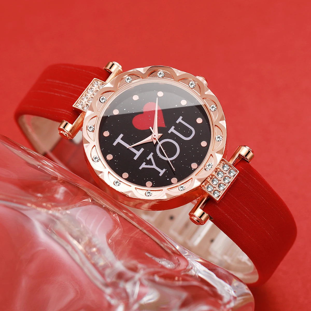 5PCS/Set Fashion Women's Watch Rhinestone Leather Band Quartz Watches Diamond Jewelry Set Gift For Mom（Without Box）
