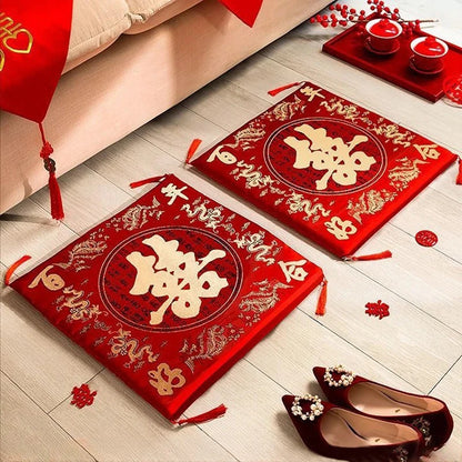 42cm 2pcs Chinese Wedding Tea Ceremony Red Double Happiness Dragon Phoenix Kneeling Cushion Home Decor Wedding Gifts