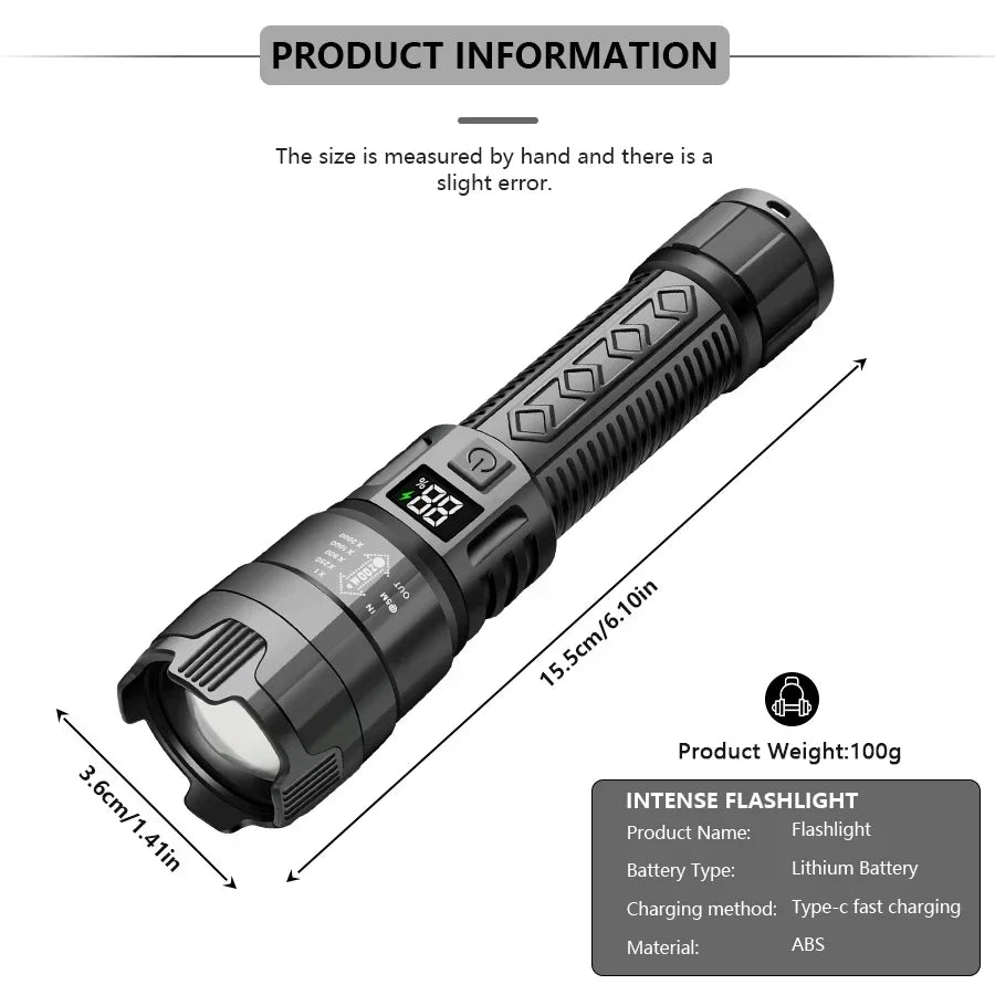 10000LM High Power LED Flashlight Long-range USB C Rechargeable Flashlight Power Display Zoom Lantern For Outdoor Camping Torch