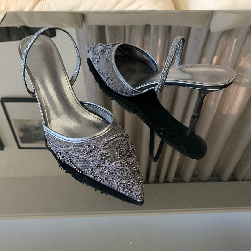 Brand Designer Mesh Embroidered White Women's High Heels Flower Straps Sexy Bareback High Heels Dress Women's Wedding Shoes
