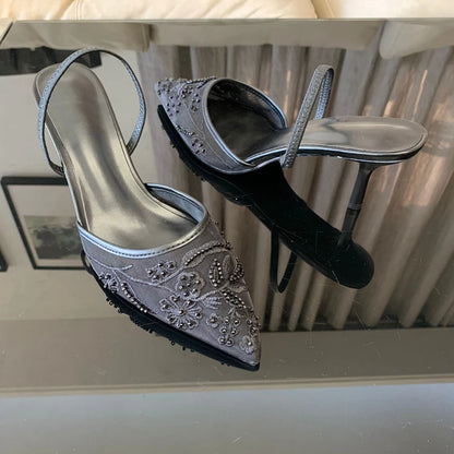 Brand Designer Mesh Embroidered White Women's High Heels Flower Straps Sexy Bareback High Heels Dress Women's Wedding Shoes