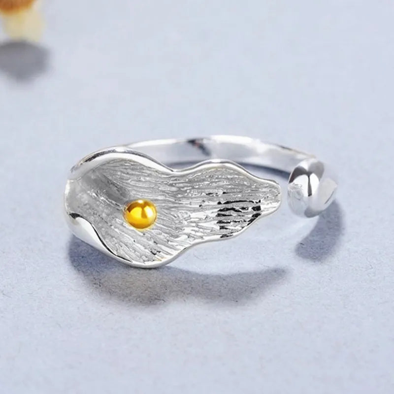 PANJBJ 925 Sterling Silver Lotus Ring For Women Retro TextureJewelry Irregular Creativity Adjustable Jewelry Party Gift Dropship