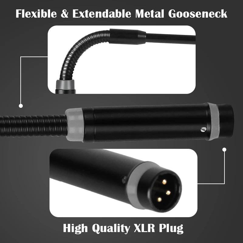 Professional Dynamic Gooseneck Microphone with XLR Connector, Metal DJ Mic, Adjustable Flexible Stand, No Battery Required, Micr
