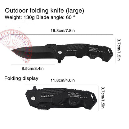 This multi-functional all-in-one folding knife is a portable tool for outdoor camping, hiking, survival, and household peeling