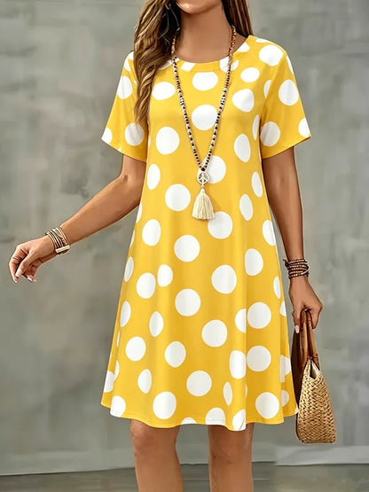 New Summer Women Dress Polka Dots Print Short Sleeve O-Neck  A-Line Dress Casual Loose Beach Sundress