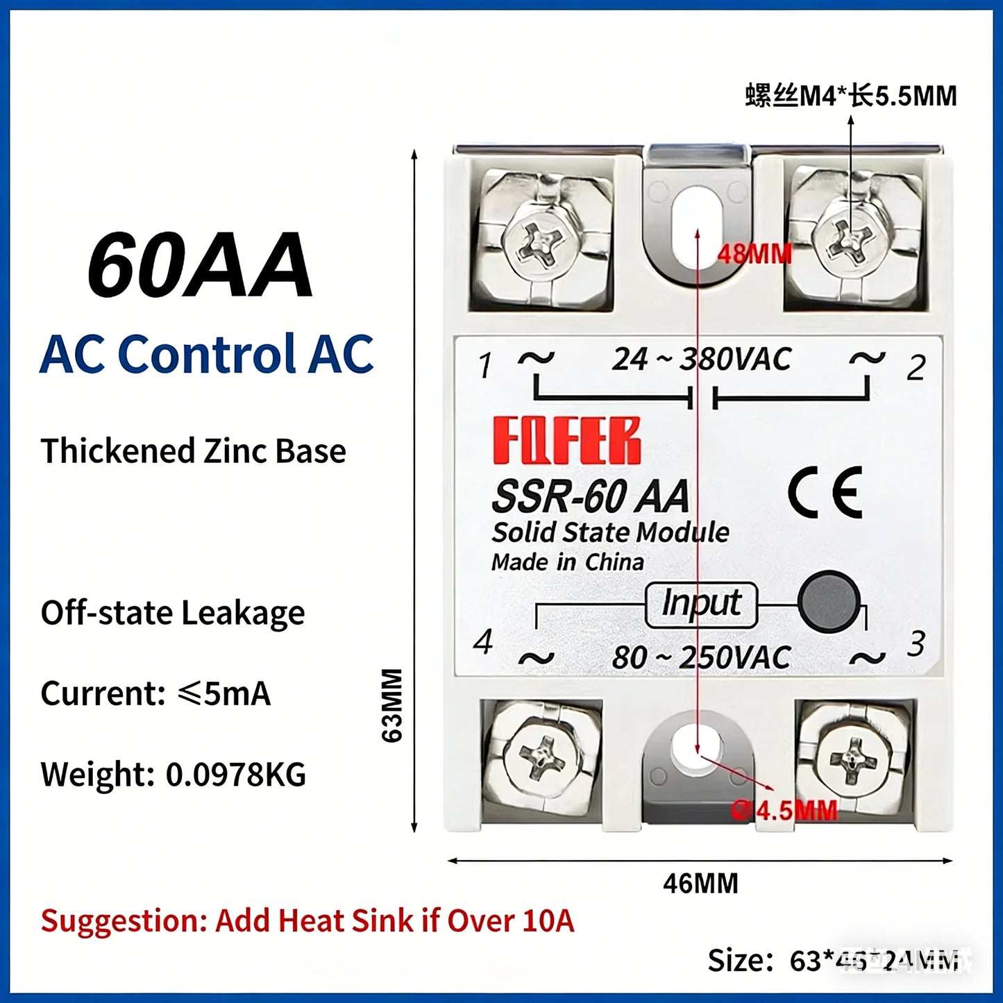 SSR-25AA 40AA 60AA AC Solid State Relay Single Phase AC-AC 80-250VAC Input 24-380VAC Output