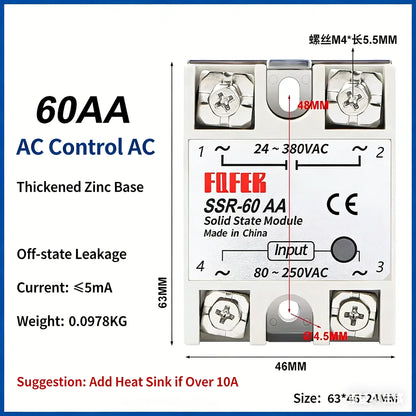 SSR-25AA 40AA 60AA AC Solid State Relay Single Phase AC-AC 80-250VAC Input 24-380VAC Output