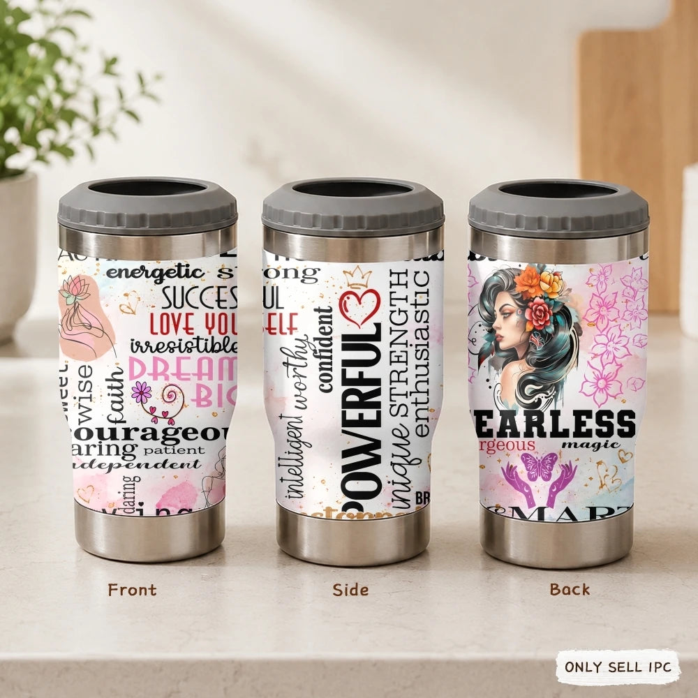 COOL Woman Motivational Vacuum Flasks 4-in-1 Stainless Steel Can Cooler Insulated Beer Soda Coffee Holder Dual Lids Fits 12oz