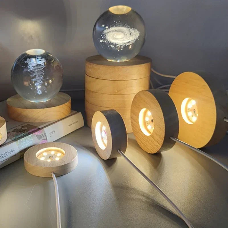 5-8cm Solid Wood LED USB Lamp Holder Display Base Night Light Luminous Bottle Coasters Crystal Ball Glass Ornament Stand Decor