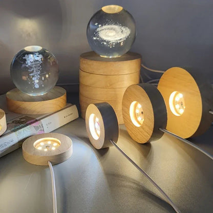5-8cm Solid Wood LED USB Lamp Holder Display Base Night Light Luminous Bottle Coasters Crystal Ball Glass Ornament Stand Decor