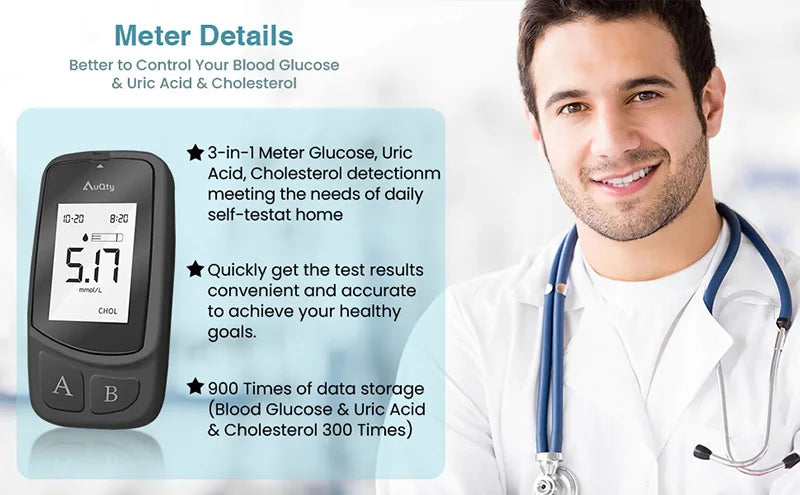 GUC 3in1 Multifunction Cholesterol Uric Acid Blood Glucose Meter Blood Sugar Test Strip Diabetes Glucometer Kit Gout Monitor