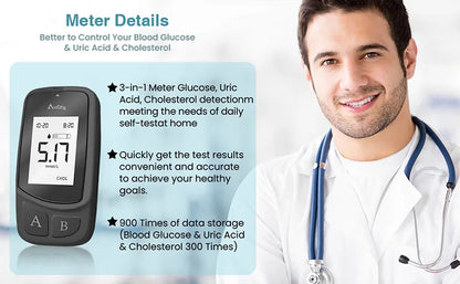 GUC 3in1 Multifunction Cholesterol Uric Acid Blood Glucose Meter Blood Sugar Test Strip Diabetes Glucometer Kit Gout Monitor