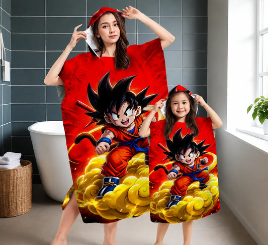 Dragon Ball Z Kid Goku Hooded Bath Towel, Parent-Child Matching Microfiber Quick Dry Absorbent Bathrobe Poncho for Beach Swim