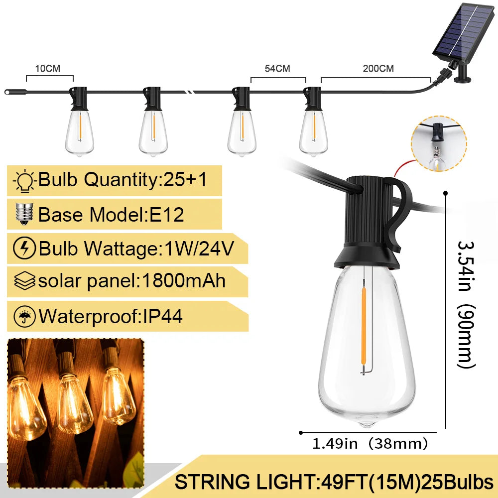 10M 18M 30M Solar String Light ST38 Led Filament Bulb 24V Shatterproof Solar Festoon Garland For Patio Party Garden Decorection
