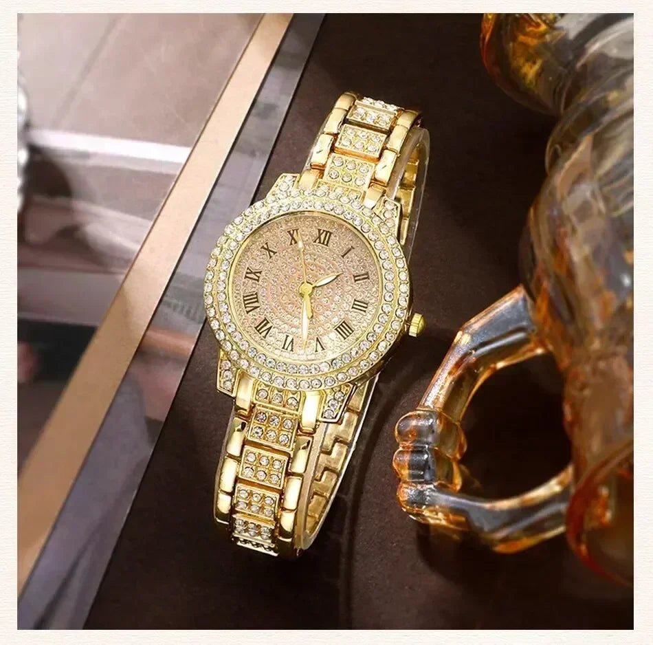 Golden Watch Women Ring Necklace Earrings Rhinestone Fashion Wristwatch Female Casual Ladies Watches Bracelet Set Clock
