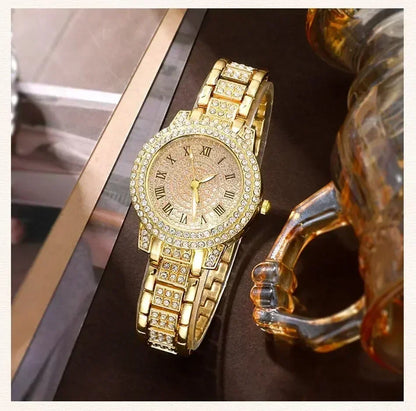 Golden Watch Women Ring Necklace Earrings Rhinestone Fashion Wristwatch Female Casual Ladies Watches Bracelet Set Clock