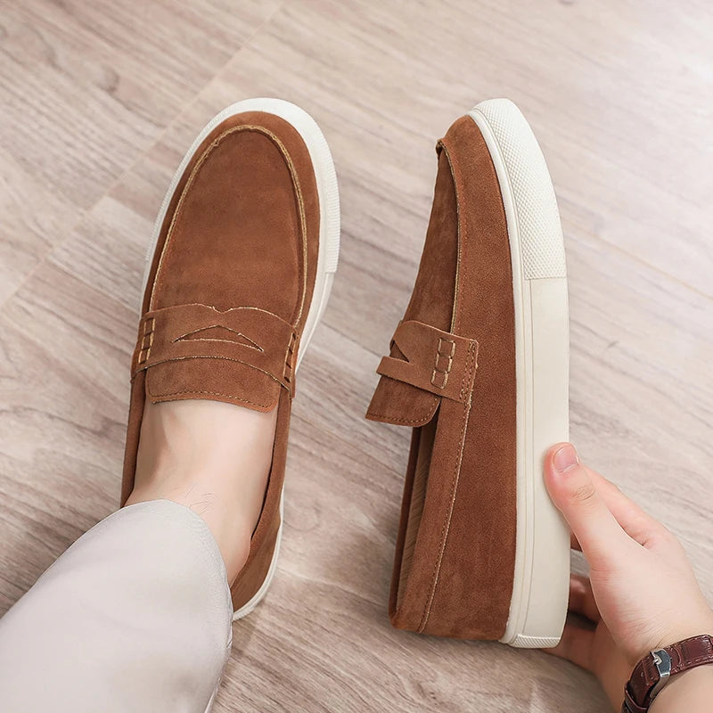 Suede Leather Men Loafers Fashion Comfortable Casual Shoes Breathable Slip on Walking Shoes Platform Lightweight Work Shoes