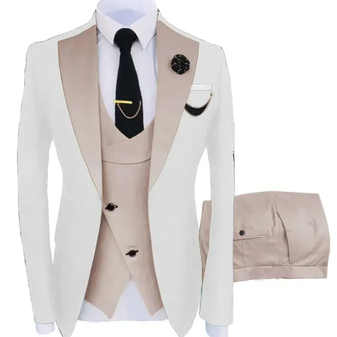 Men's Beige Three-Piece Formal Suit Set Shoulder-attached Collar Formal Wedding And Ball Suit Set Jacket+Vest+Pant