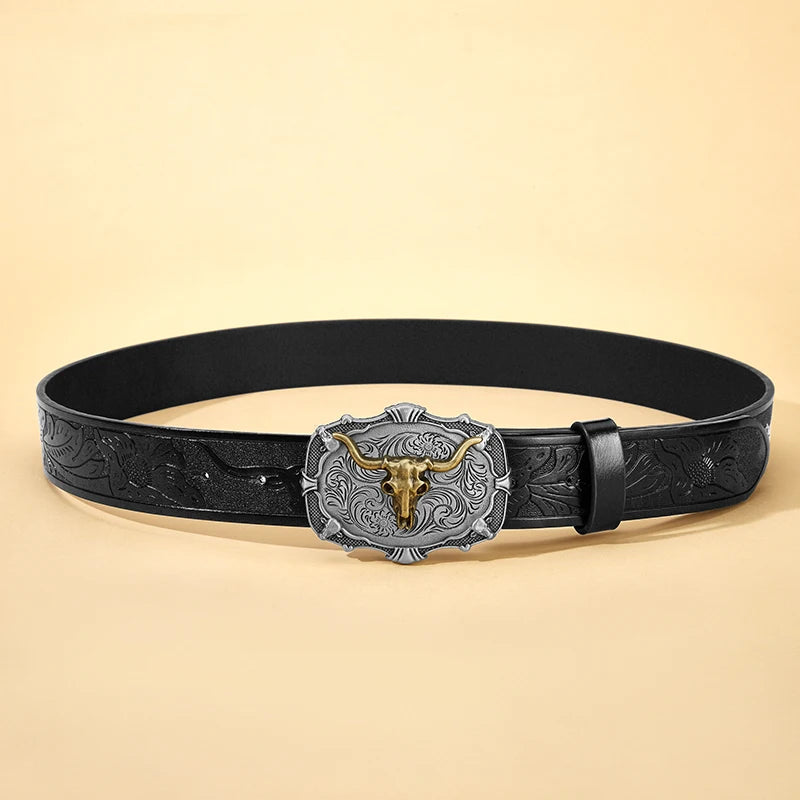 Western Cowboy PU Leather Belt - Men Waist Strap Bull Decoration Floral Engraved for Jeans