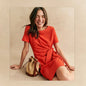 French Chic Side Twist Knot Mini Dress Women O Neck Short Sleeve Solid Color Wrap Dress Slim Fit Casual Holiday Short Robe