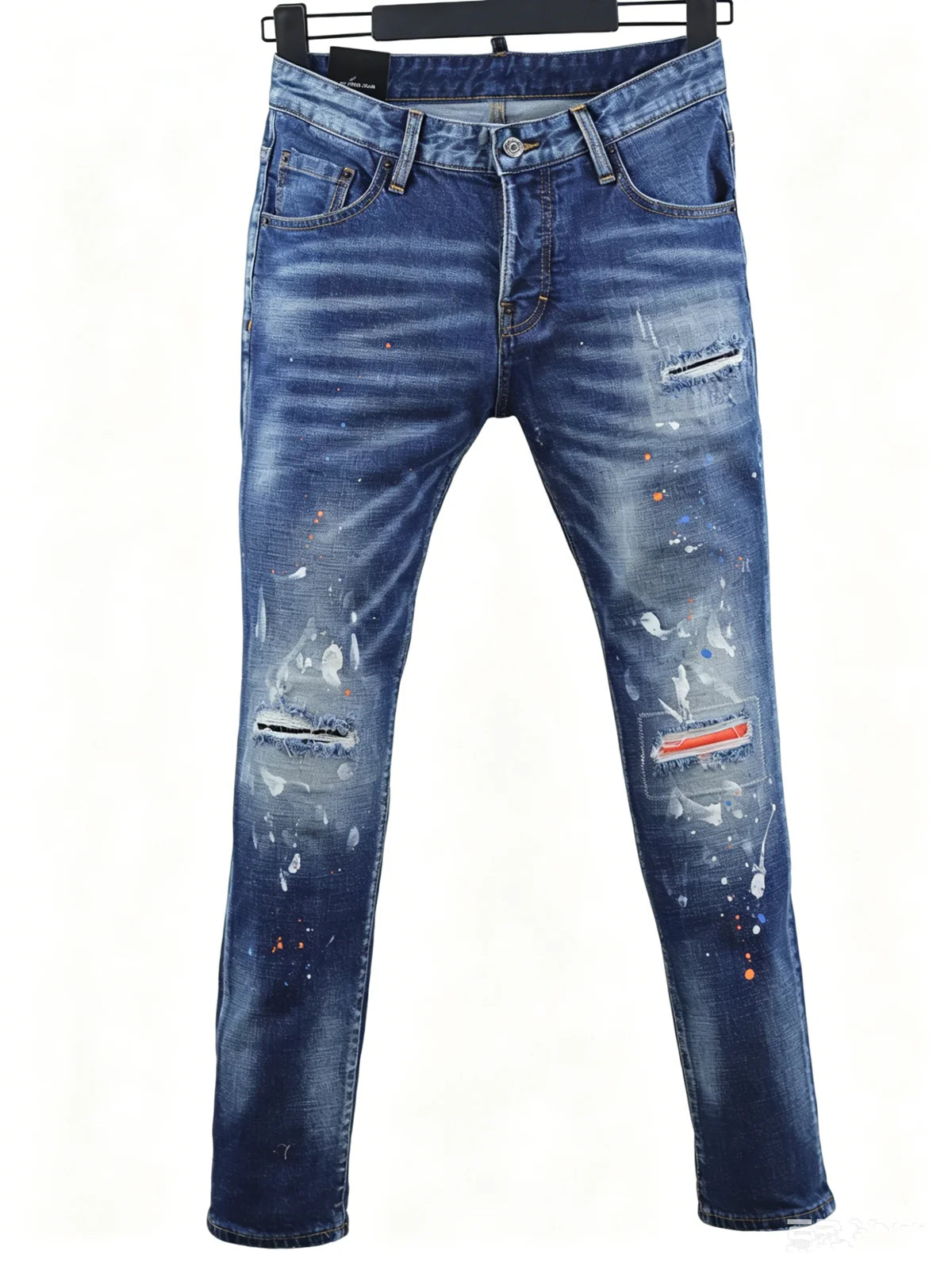 6057 Four Seasons New Men's Wear Washed Ripped Patch Paint Slim-fit Feet Blue Jeans for Men