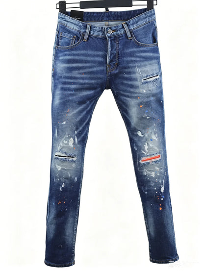6057 Four Seasons New Men's Wear Washed Ripped Patch Paint Slim-fit Feet Blue Jeans for Men