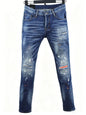 6057 Four Seasons New Men's Wear Washed Ripped Patch Paint Slim-fit Feet Blue Jeans for Men