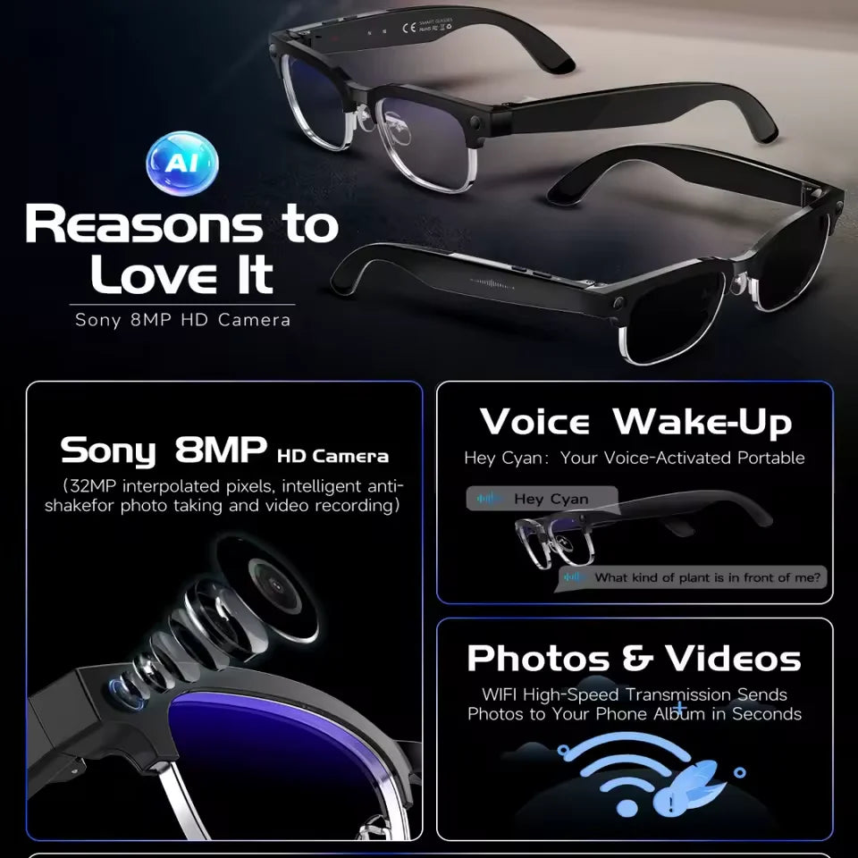 2026 Newest 8MP AI Smart Glasses 1080P HD Camera Video Recording 32GB 120+ Languages Translation Bluetooth Call Music Sunglasses