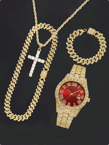 Men's Hip Hop Trendy Fashion Large Dial Diamond Inlaid Cuban Chain Watch Set