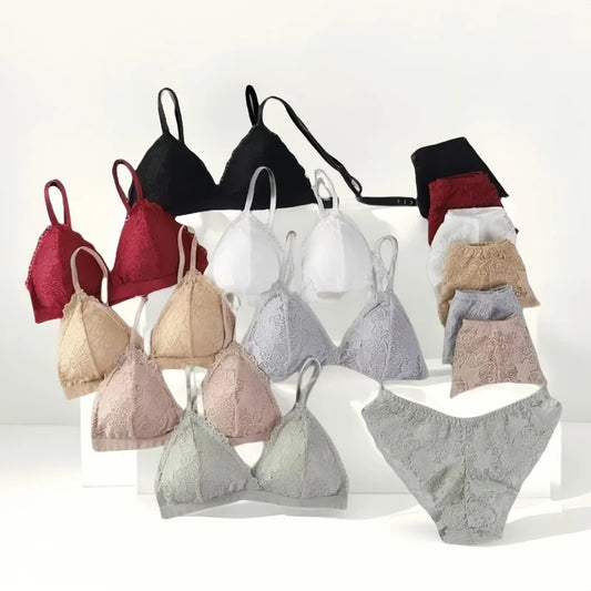Women Lace Bra And Panties Set V-neck Push Up Bralette Sexy Lingerie Low Waist Briefs Female Non-wire Brassiere Underwear Set