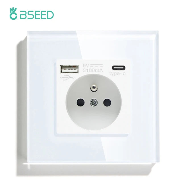 BSEED France Standard Single Wall French Socket Double Power Plug With White Black Gloden Crystal Glass Panel 16A 110V-250V