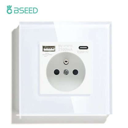 BSEED France Standard Single Wall French Socket Double Power Plug With White Black Gloden Crystal Glass Panel 16A 110V-250V