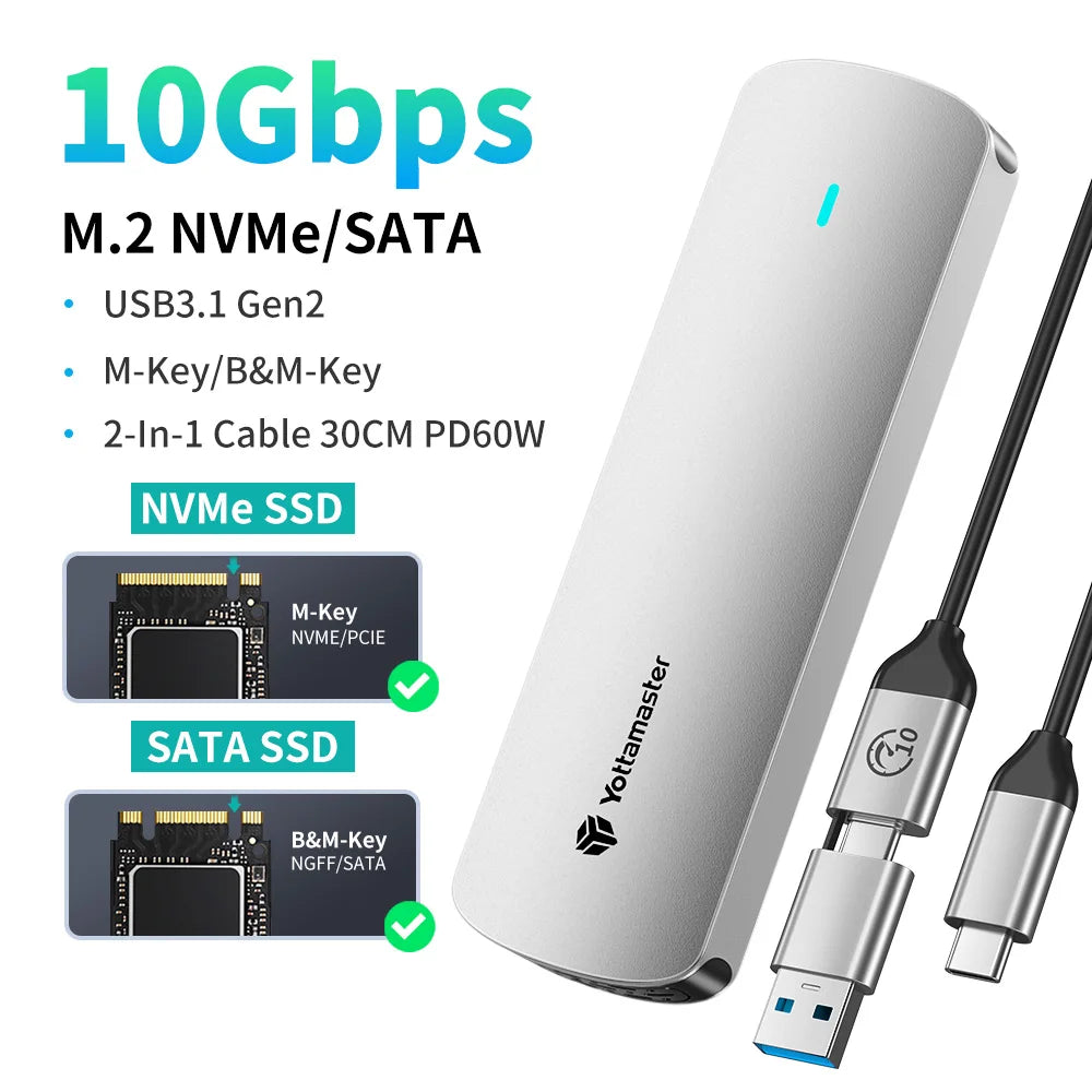 Yottamaster SATA M.2 NVMe SSD Enclosure Dual Portocol NVMe to USB Adapter USB 3.1 Gen2 USB C External Case Box Aluminum alloy